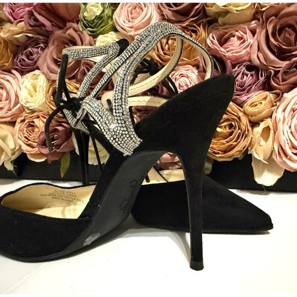Jessica Simpson Wesira Black Heels With Rhinestones And Ankle Wrap Size 6.5M - Picture 2 of 7